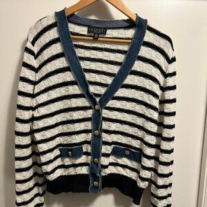 Laundry By Shelli Segal Black and White Striped Cardigan with Denim Detailing